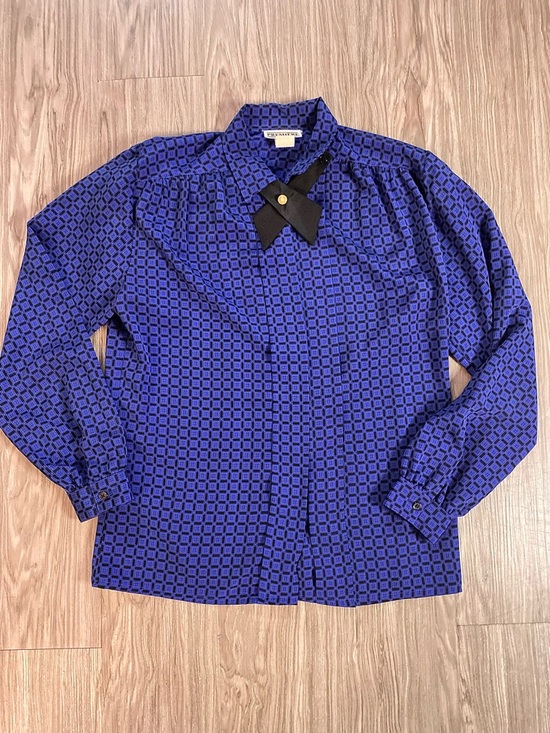 Premier Tops - Vintage Premiere of California Geometric Blouse Detachable Bow Blue & Black